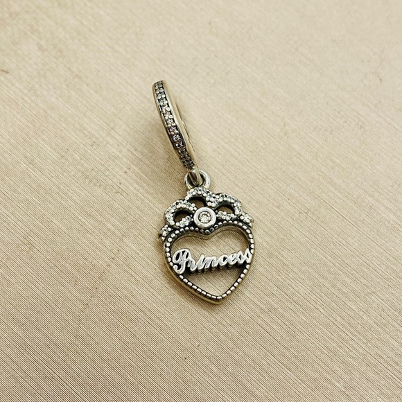 EUC Pandora 791962CZ Sterling Silver Princess Crown Heart Dangle Charm w/ CZ’s - Picture 5 of 9